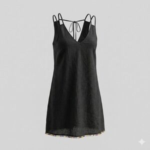 BCBGeneration Black Linen Pom Pom Beaded Hem Mini Dress S Cover Up Beach Summer